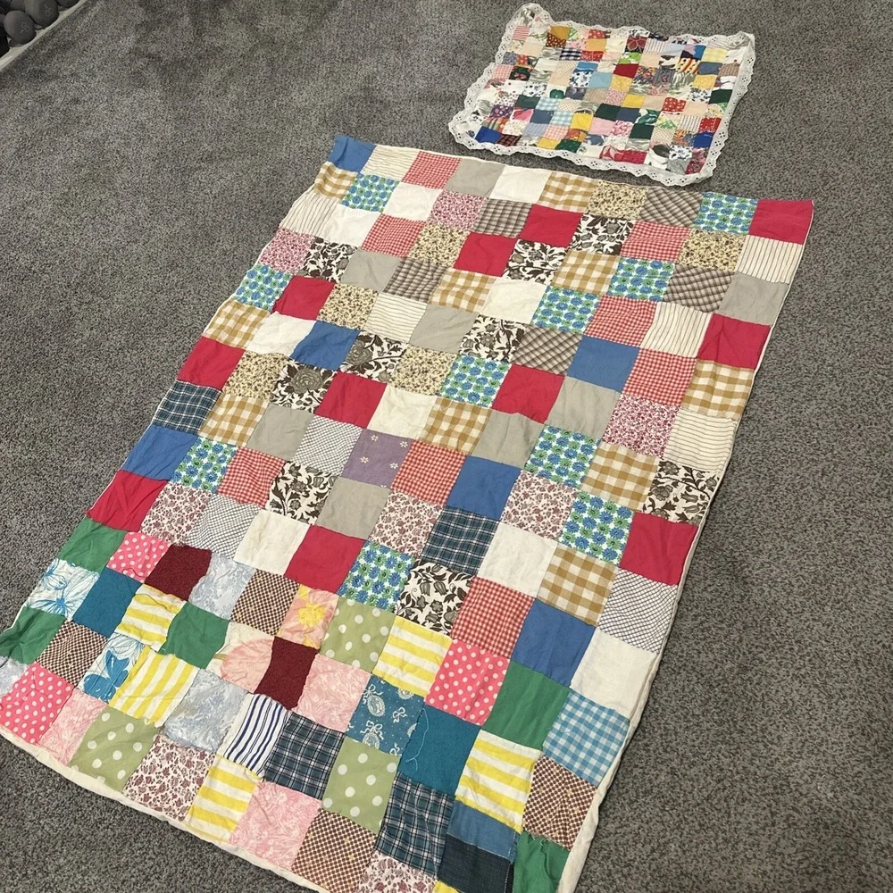 Vintage Patchwork Quilt For Toddler Bed With Patchwork Pillowcase‎